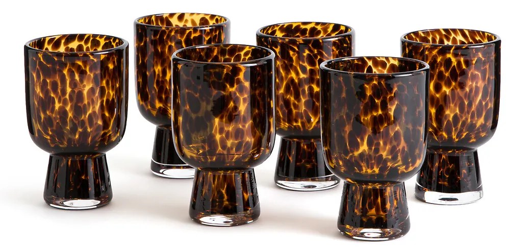 Set van 6 glazen op voet in amberkleurig glas, Fauvita