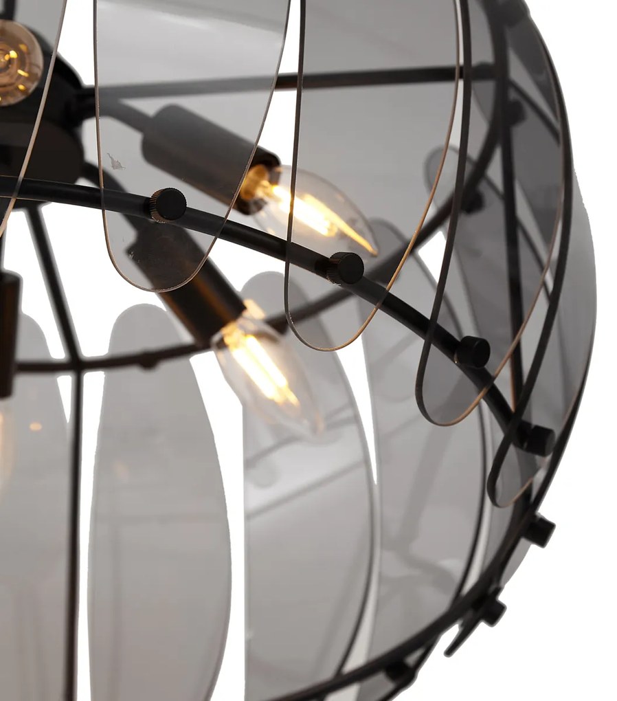 Design hanglamp zwart met smoke glas rond 6-lichts - Mochan