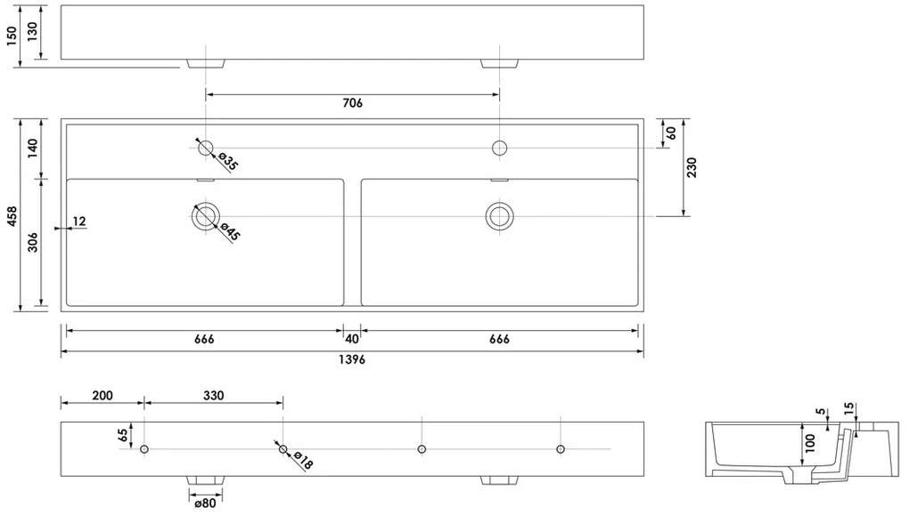 Brauer Gravity dubbele wastafel mineraalmarmer 140cm met 2 kraangaten wit glans