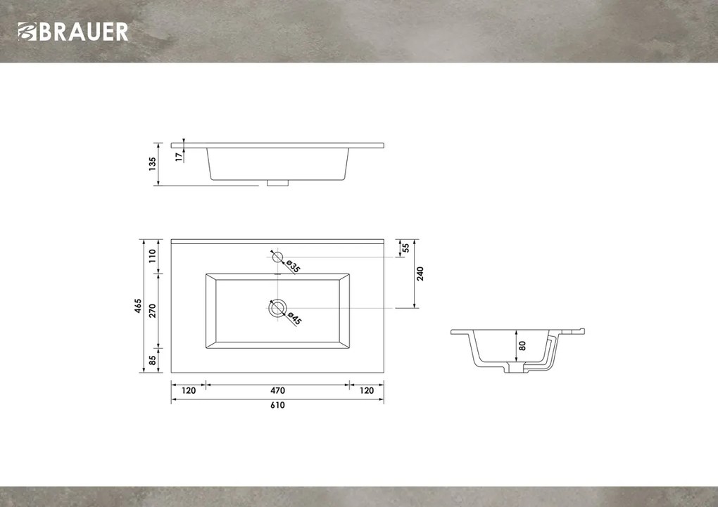 Brauer Starfall wastafel keramiek 60cm met kraangat wit glans