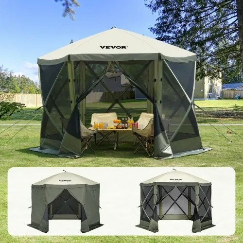 VEVOR Pop-Up Paviljoentent, pop-up tent met 6-zijdige luifel, zonnescherm met 6 verwijderbare privacyschermen en gaasramen, 3 x 3 meter, snel op te zetten tent met muggennet, legergroen