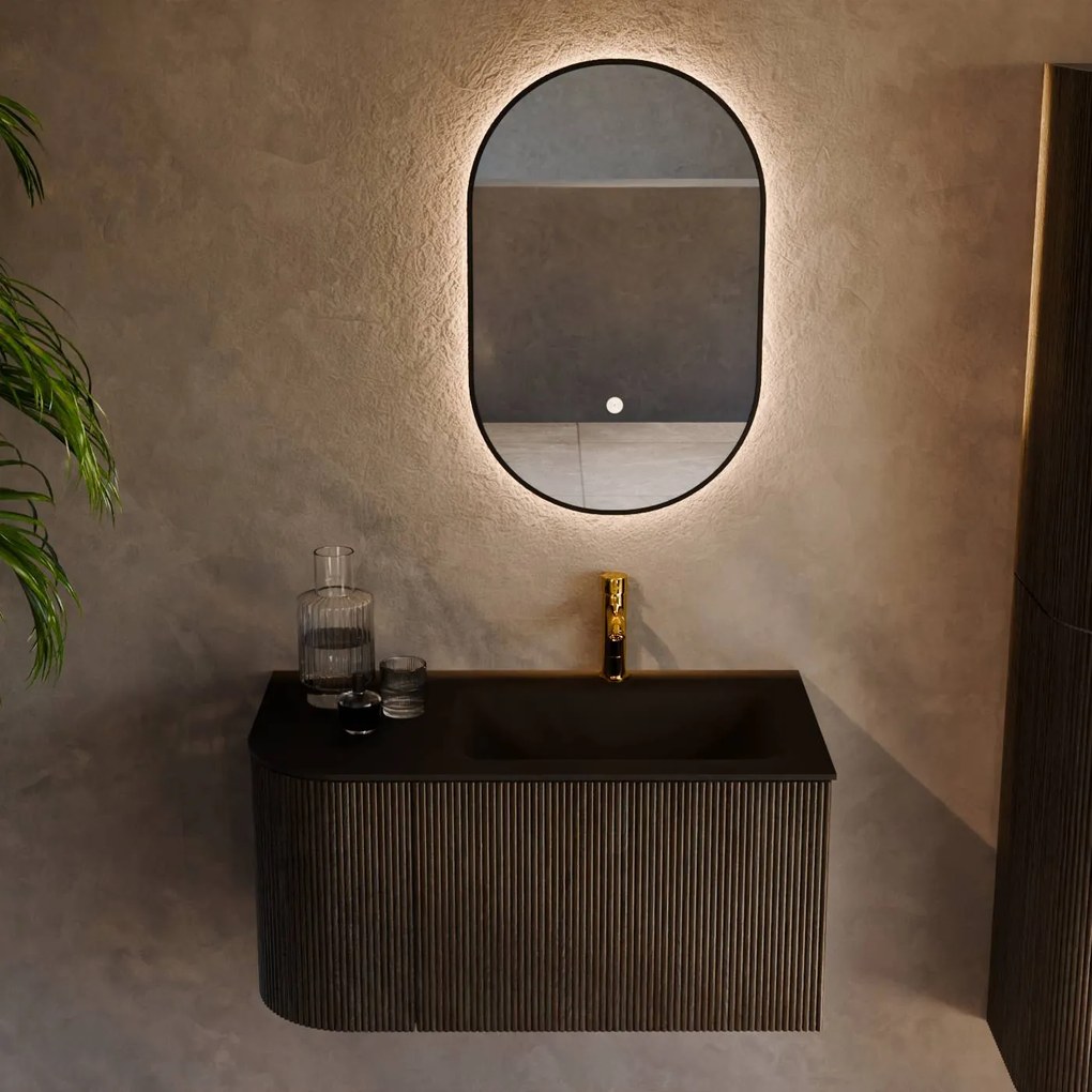 Mondiaz Kurve 85cm badmeubel ronding links shadow met 1 lade en deur en wastafel cloud kraangat rechts urban