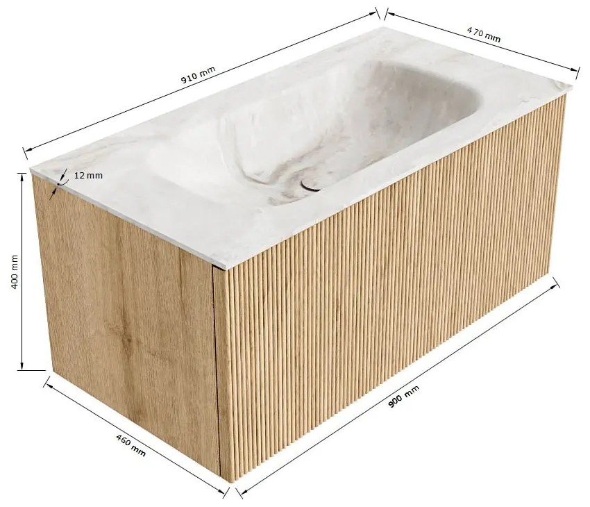 Mondiaz Kurve-dlux 90cm badmeubel oak met 1 lade en wastafel big small midden 1 kraangat glace