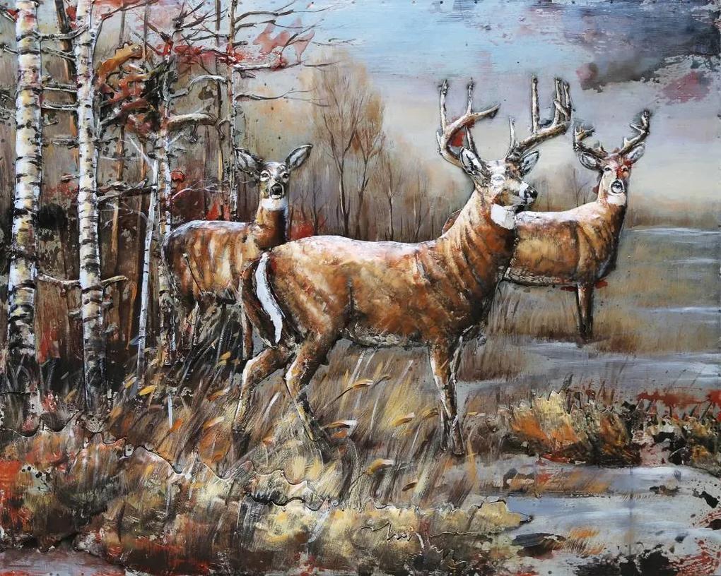 Schilderij - Metaalschilderij - Herten in het bos, 120x80cm