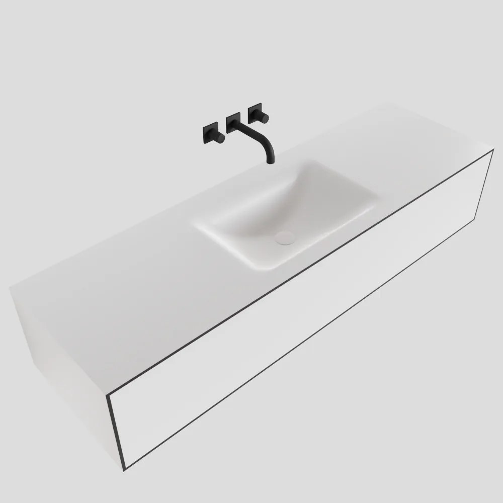 Zaro Lagom volledig naadloos solid surface onderkast 150cm mat zwart met 1 lade Push tot open. Compleet met solid surface wastafel met 0 kraangat(en)