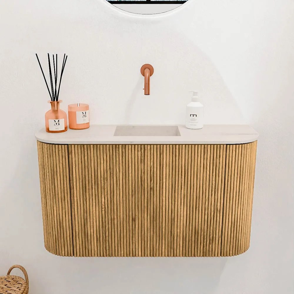 Mondiaz Joya DLux 75cm toiletmeubel ronding links/rechts oak met wastafel faye midden zonder kraangat meli