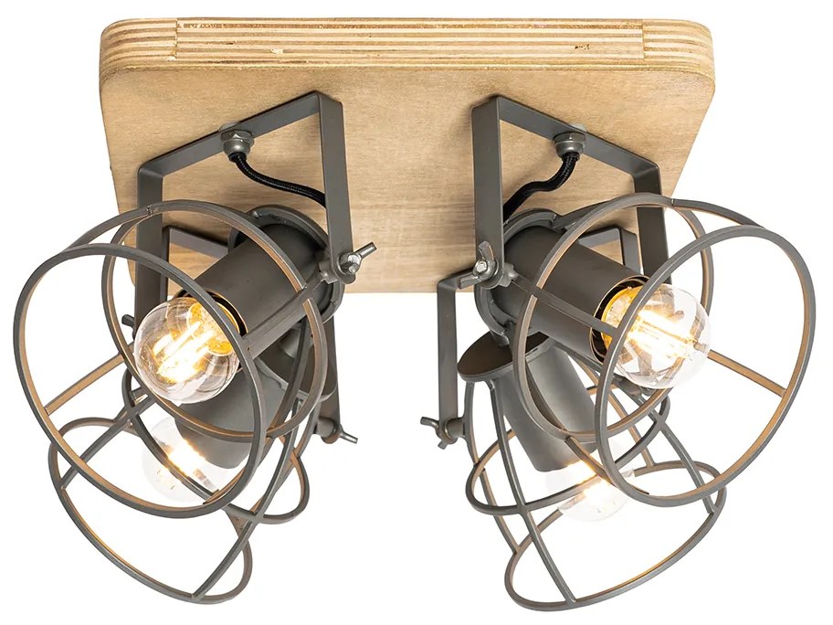 Industriële spot hout met donkergrijs verstelbaar 4-lichts - Arthur
