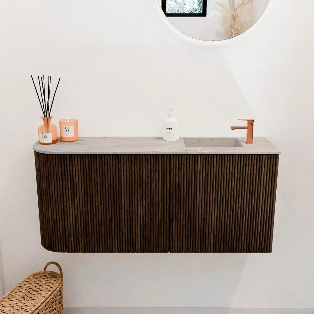 Mondiaz Joya DLux 90cm toiletmeubel ronding links walnut met wastafel faye rechts 1 kraangat glace