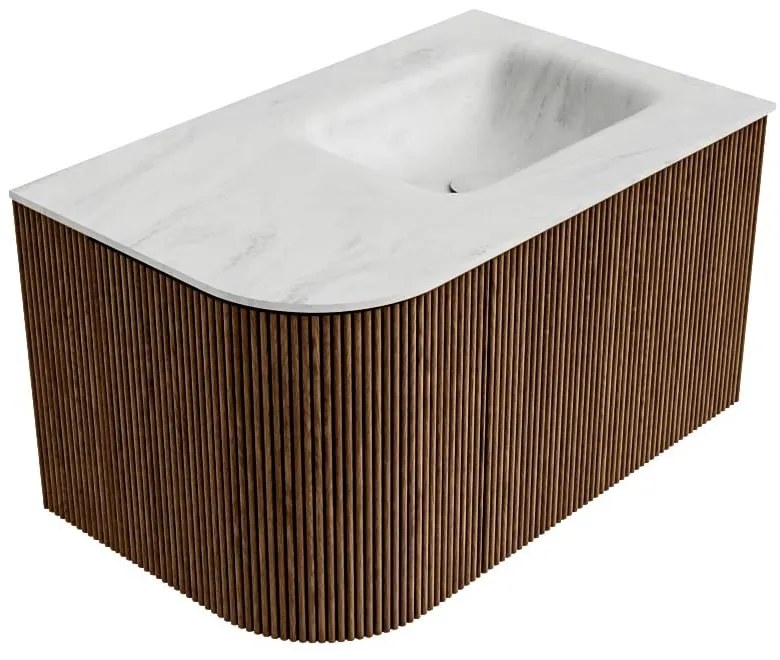 Mondiaz Kurve-dlux 75cm badmeubel ronding links walnut met 1 lade en deur en wastafel grunne rechts zonder kraangat opalo