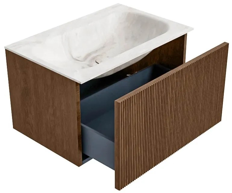 Mondiaz Kurve-dlux 70cm badmeubel walnut met 1 lade en wastafel big small midden zonder kraangat frappe