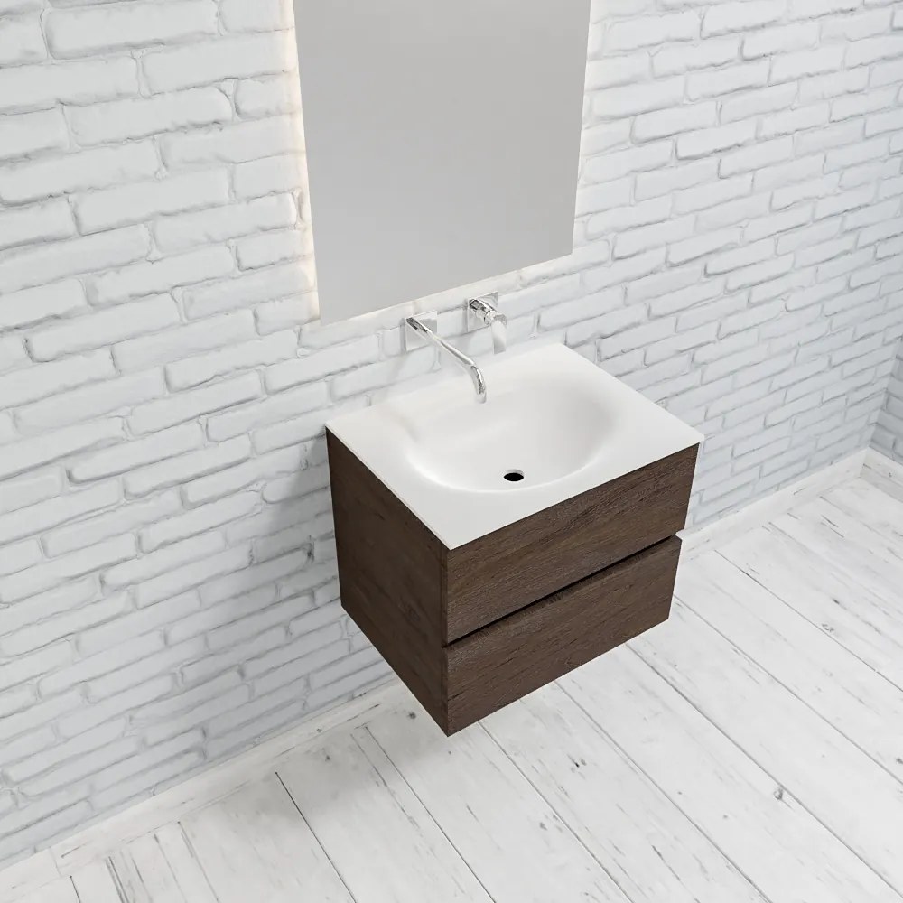 Zaro Sevilla Solid Surface badkamermeubel 60cm donker eiken zonder kraangat met 2 lades