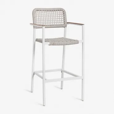 Pakket Van 4 Nediam Hoge Tuinstoelen Met Armleuningen In Aluminium En Gevlochten Touw Wit - Sklum