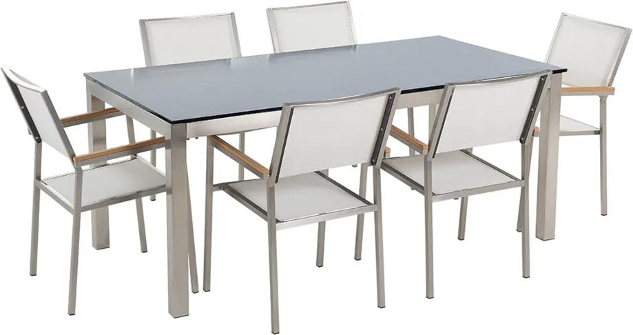 Tuinset glas/RVS zwart enkel tafelblad 180 x 90 cm met 6 stoelen wit GROSSETO