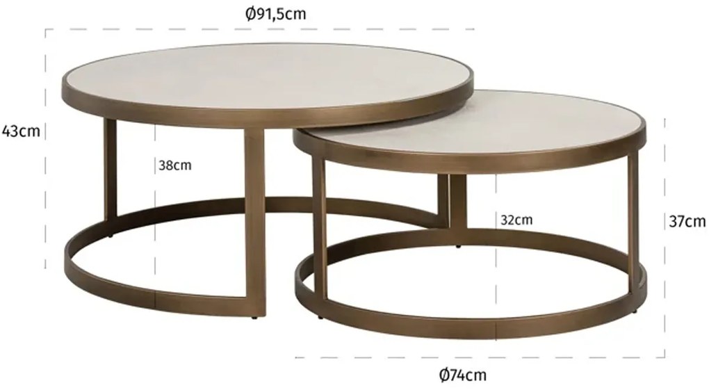 Richmond Interiors Whitebone Ronde Salontafelset Messing En Wit Hout - 91.5 X 91.5cm.