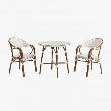 Set Ronde Tafel Ø80 Cm En 2 Stapelbare Tuinstoelen Met Aluminium Armleuningen Brielle Bistro Naakt Beige - Gardenia Wit - Sklum