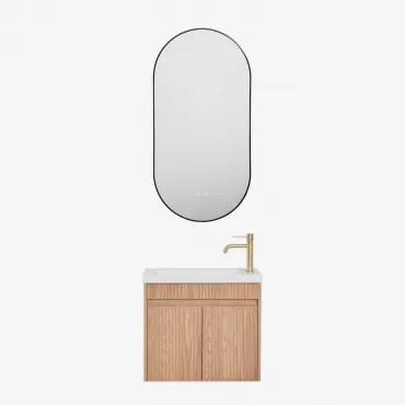 Narek Zwevend Houten Badkamermeubelset Met Geïntegreerde Wastafel Ash Brown & Geborsteld Goud ↑20 Cm Met Aftapkraan Zonder Overloop Orveta & Ovale Led