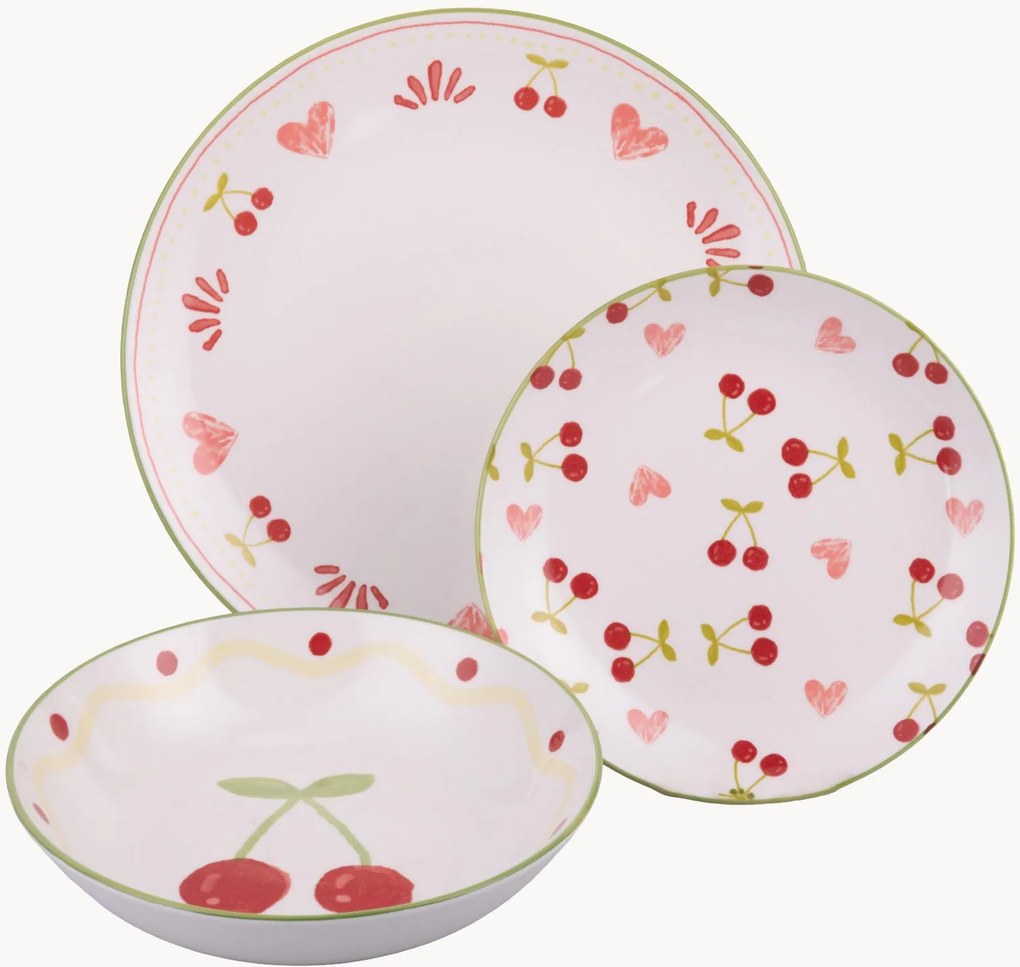 Porseleinen servies met kersenhart, voor 6 personen, 18-delig