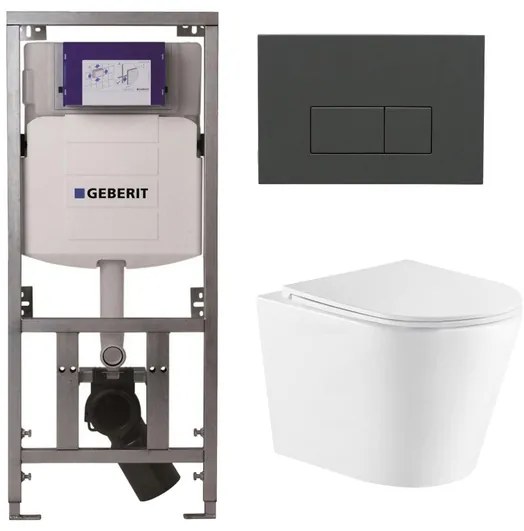 QeramiQ Dely Toiletset - 36.3x51.7cm - diepspoel - rimless - Geberit UP320 inbouwreservoir - met Burda frame - softclose toiletzitting - bedieningsplaat antraciet mat - rechthoekige knoppen - wit mat SW1026254/0701131/SW1102377/SW1000766