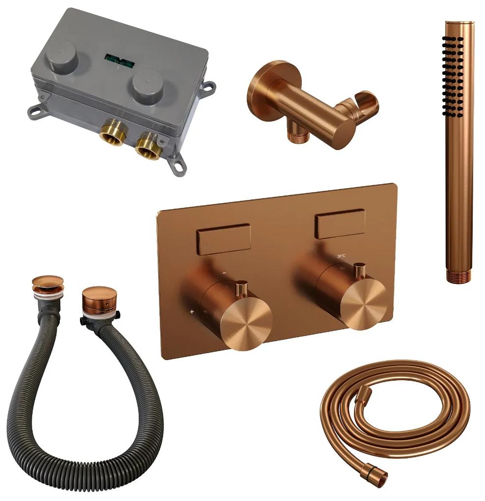 Brauer Copper Edition thermostatische inbouw badkraan met badvulcombinatie en staafhanddouche set 3 koper geborsteld PVD