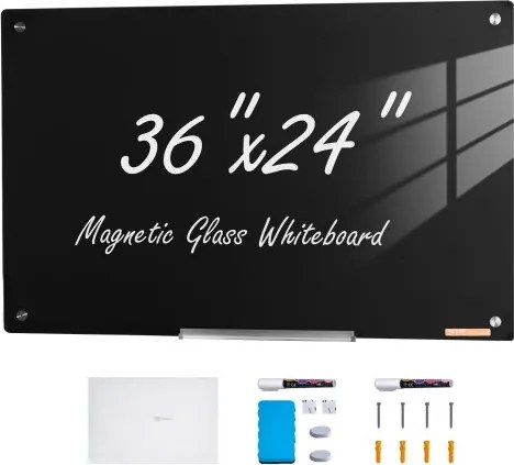 VEVOR Magnetisch glazen whiteboard, droog uitwisbaar bord 90 x 60 cm, groot wit glazen wandbord zonder frame, met pennenbakje, wisser en 2 stiften, magnetisch bord zwart