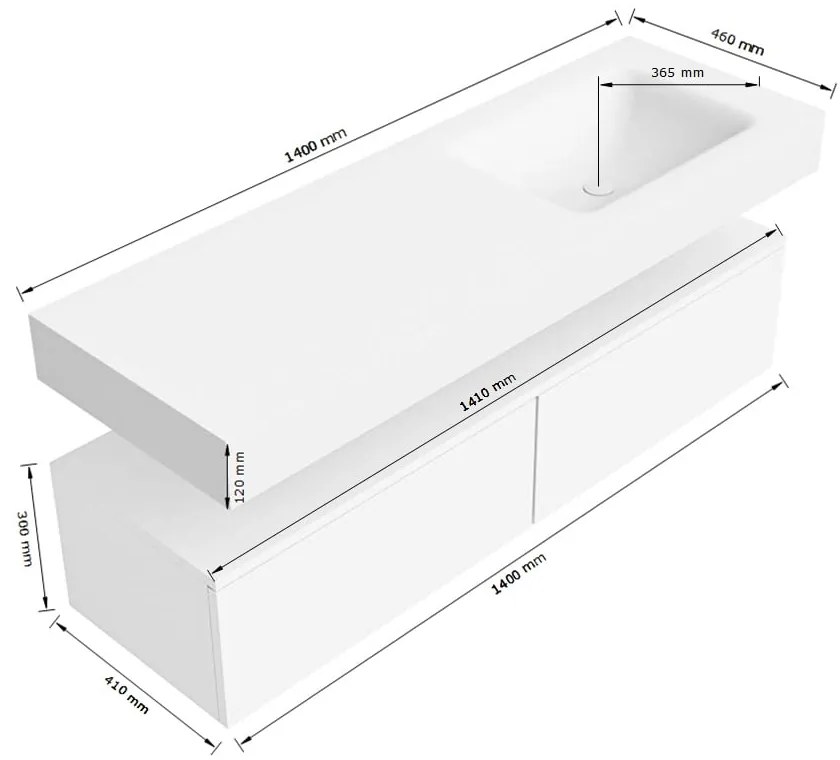 Zaro Alan badmeubel 140cm urban 2 lades met vrijhangende wastafel cloud rechts 1 kraangat talc