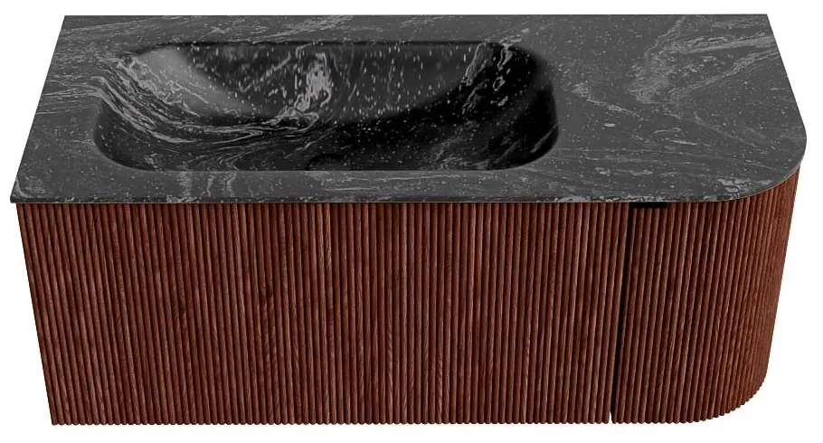 Mondiaz Kurve-dlux 105cm badmeubel ronding rechts ruby met 1 lade en deur en wastafel big small kraangat links lava