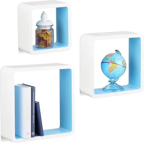 Wandplanken cube - 3er set - wandboard - zwevende wandkubussen - MDF - 3 stuks wit-blauw