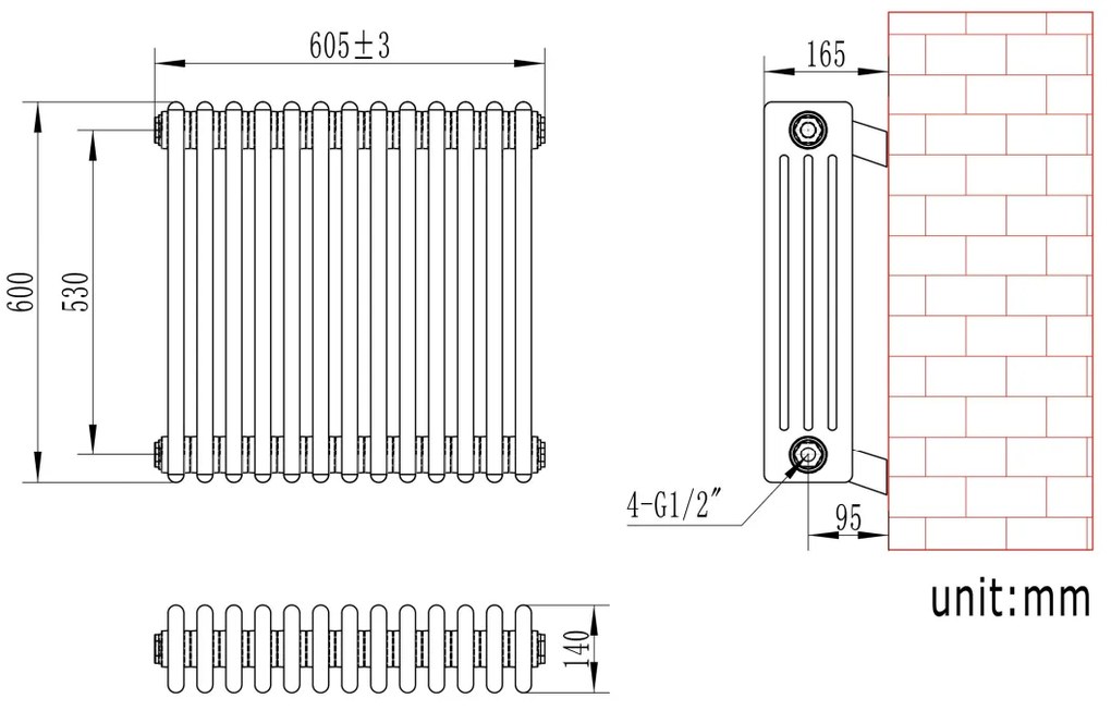 Eastbrook Rivassa 4 koloms radiator 60x60cm staal 1255W antraciet