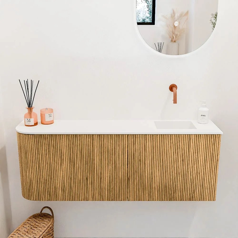 Mondiaz Joya 110cm toiletmeubel ronding links oak met wastafel faye rechts zonder kraangat talc