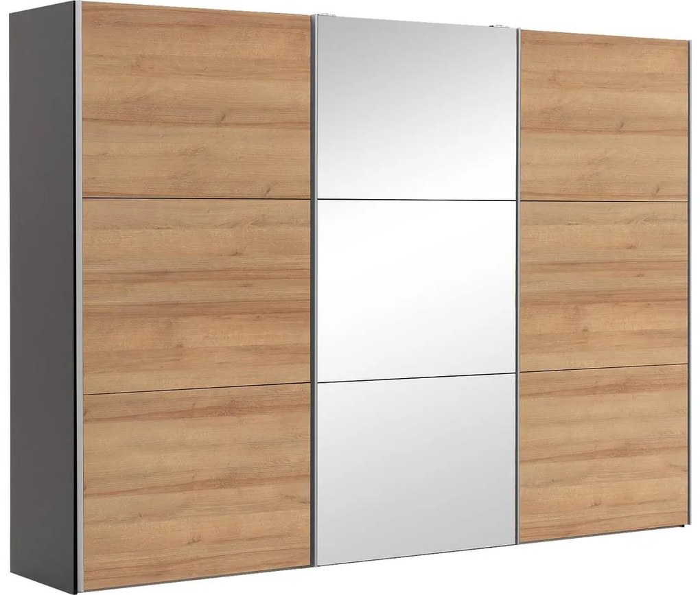 Goossens Kledingkast Easy Storage Sdk, 300 cm breed, 220 cm hoog, 2x 3 paneel schuifdeuren en 1x 3 paneel spiegel schuifdeur midden