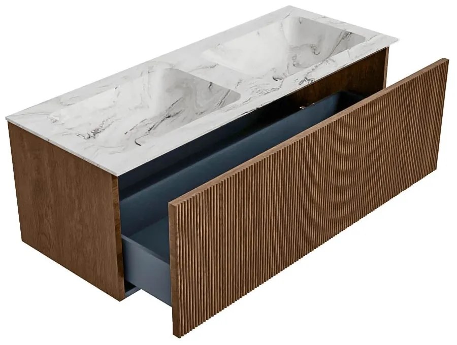 Mondiaz Kurve-dlux 120cm badmeubel walnut met 1 lade en wastafel leaf dubbel 2 kraangaten glace