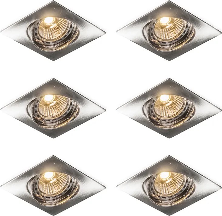 Set van 6 inbouwspots kantelbaar staal vierkant - Edu