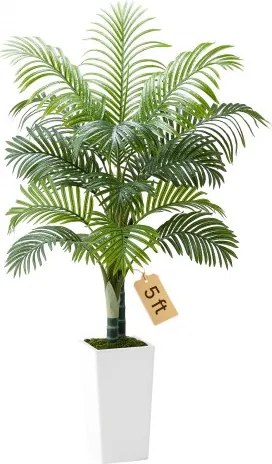 VEVOR Kunstmatige Arecapalm, 1,5 m tropische kunstpalm met witte hoge plantenbak, kunstzijden vloerplant in pot, kunstboom voor veranda's, woonkamer, patio's, huis, kantoor,