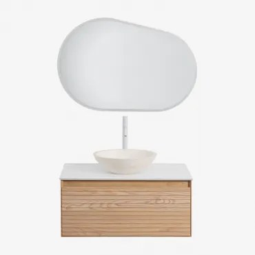 Tedrik Badkamermeubelset In Essenhout Ash Brown & Rond Cement Wit Ø40 Cm Zavion & Ovaal Led En Anticondens 100x65 Cm Meunier & Wit - Sklum