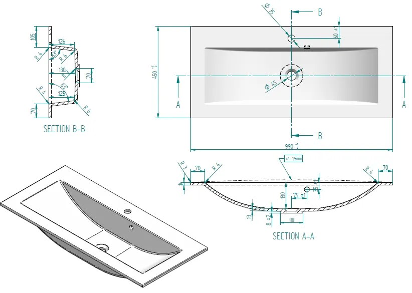 Sanicare Q4 mineraalmarmeren wastafel 99.2x45cm met 1 kraangat wit