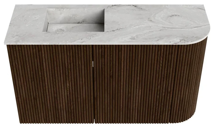 Mondiaz Joya DLux 70cm toiletmeubel ronding rechts walnut met wastafel faye links zonder kraangat glace