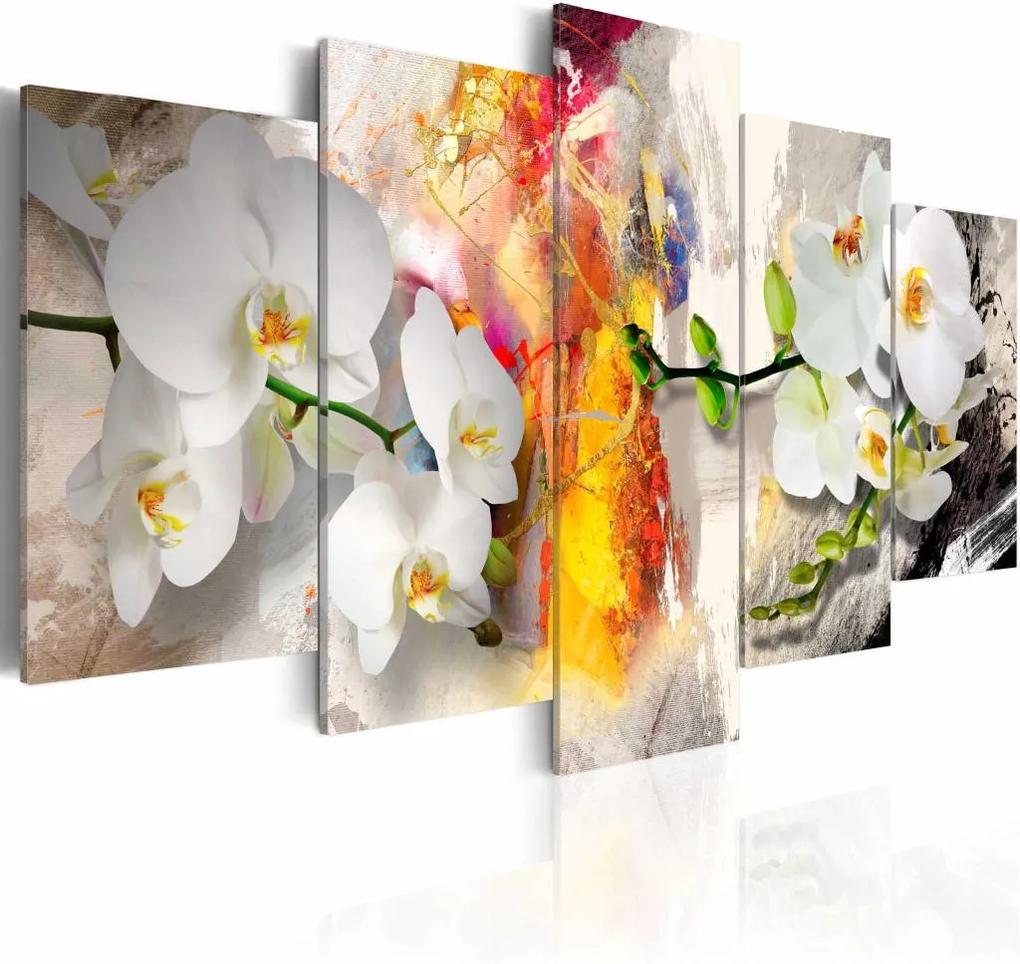 Schilderij - Kleurige Orchidee , wit oranje , 5 luik