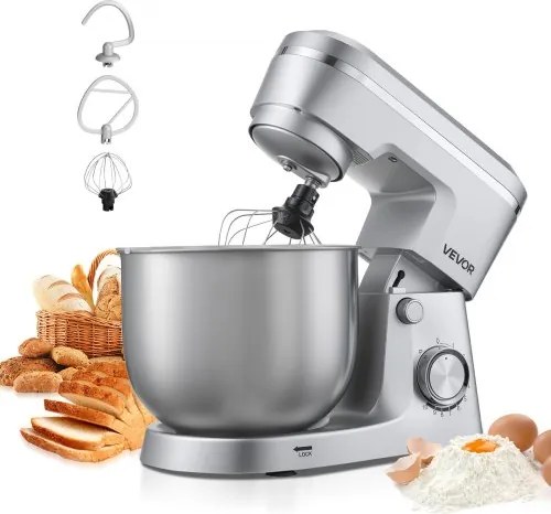 VEVOR Staande Mixer/Foodprocessor voor Bakken, 1500W Deegmachine met Roestvrijstalen Kom (5,7L) &amp; Deeghaak &amp; Klopper &amp; Garde, 10 Snelheden Kantelbare Mixer