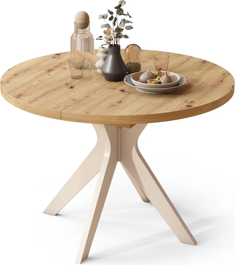 RENZO Artisan Eiken/beige poot (Champagne) - RONDE TAFEL Ø110 UITKLAPBAAR TOT 180 cm |VOOR DE KEUKEN EETKAMER WOONKAMER RETRO