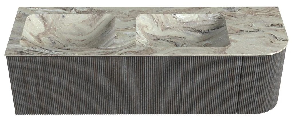 Mondiaz Kurve-dlux 145cm badmeubel ronding rechts shadow met 1 lade en deur en wastafel leaf dubbel/links zonder kraangat glace