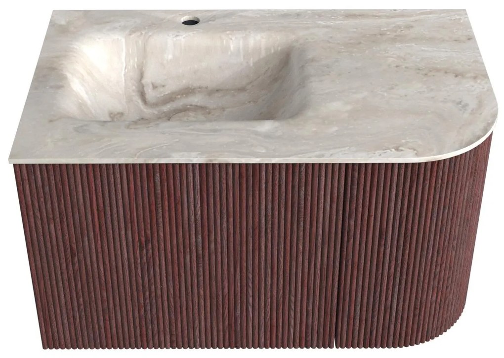 Mondiaz Kurve-dlux 75cm badmeubel ronding rechts ruby met 1 lade en deur en wastafel grunne kraangat links frappe
