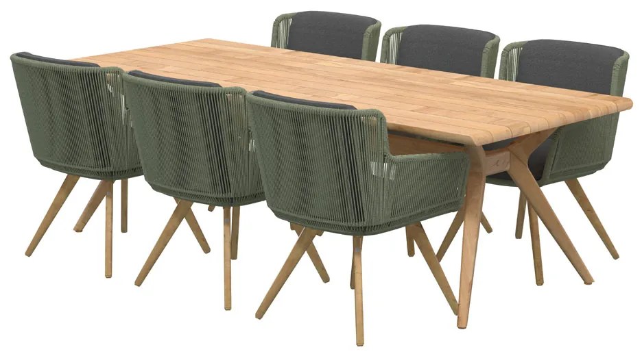 4 Seasons Outdoor Flores eetset groen met Belair teak tafel 240 cm  Tuinset    houtkleur weerbestendig