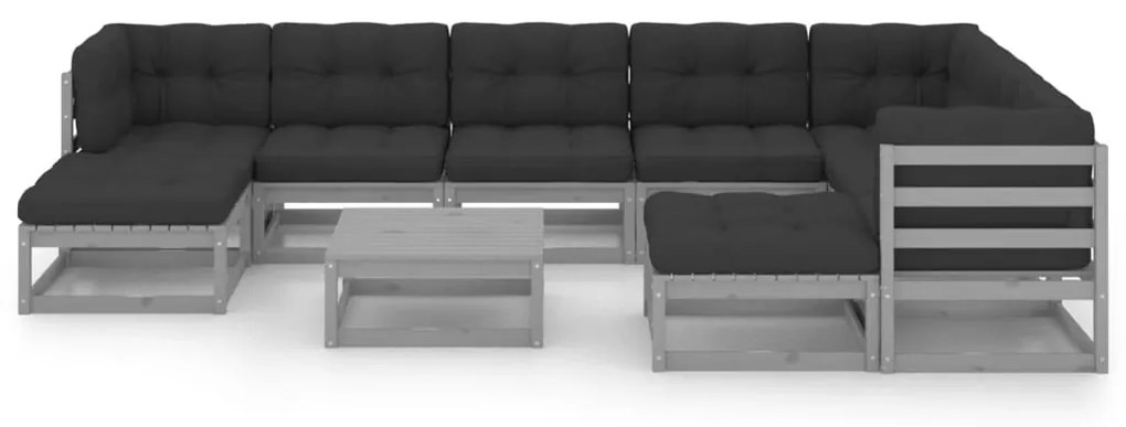 vidaXL 10-delige Loungeset met kussens massief grenenhout grijs