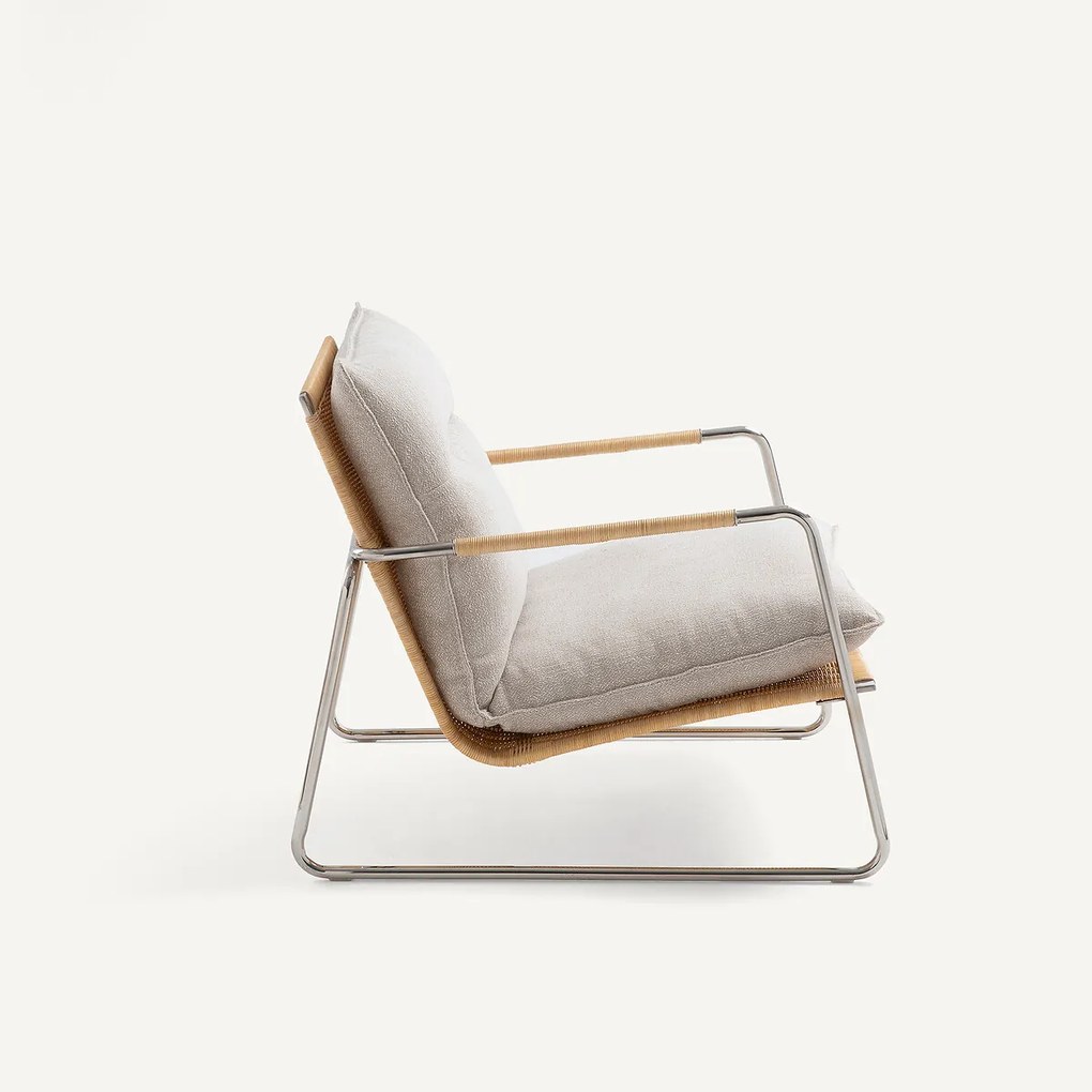 Fauteuil van staal en gevlochten rotan, gemêleerd katoenen kussen, SVEN