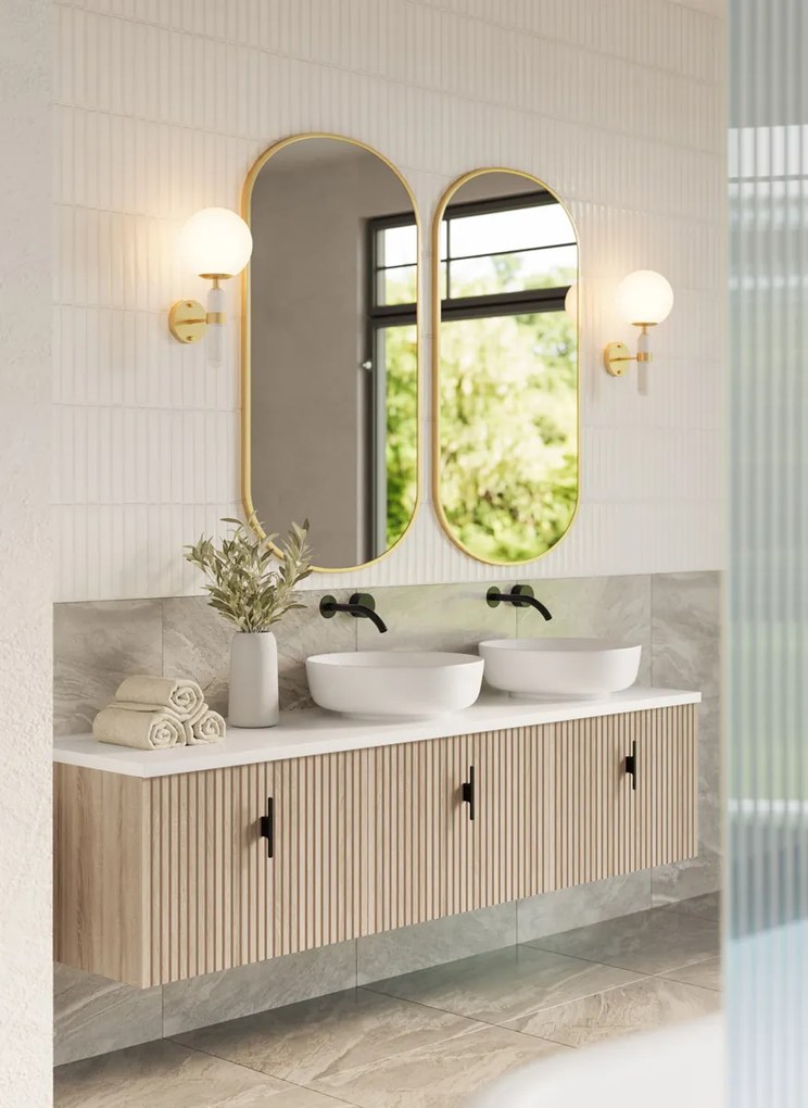 Muebles Ezra badmeubel ribbelfront 180cm naturel eiken met wit toppaneel en waskom