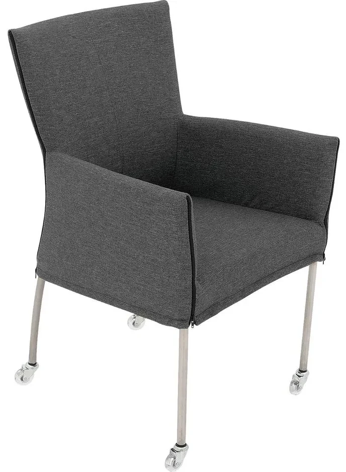 Goossens Eetkamerstoel Funk RVS Poten donkergrijs stof met armleuning en met wielenTransparant skater wiel met rvs kap, modern design