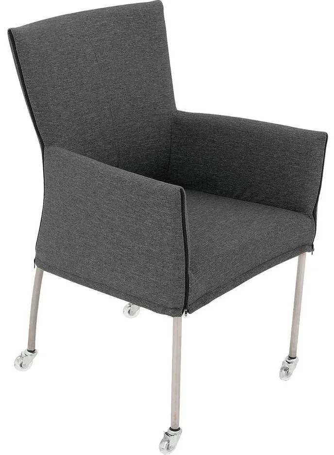 Goossens Eetkamerstoel Funk RVS Poten donkergrijs stof met armleuning en Transparant skater wiel met rvs kapmet wielen, modern design