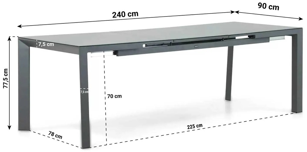 Dining Tuintafel rechthoekig uitschuifbaar 180/240 x 90 cm Aluminium Grijs Alicante