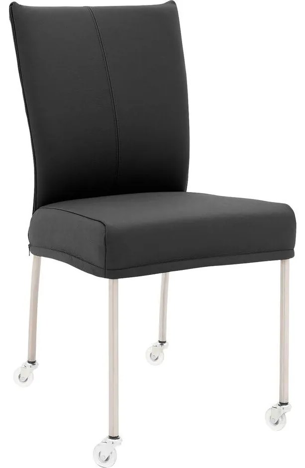 Goossens Eetkamerstoel Funk RVS Poten donkergrijs leer leuning en Transparant skater wiel met rvs kapmet wielen, modern design