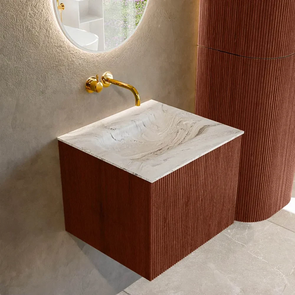 Mondiaz Kurve-dlux 50cm badmeubel ruby met 1 lade en wastafel grunne midden zonder kraangat glace